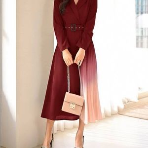 Lapel Collar Ombre Pleated Hem Belted Dress